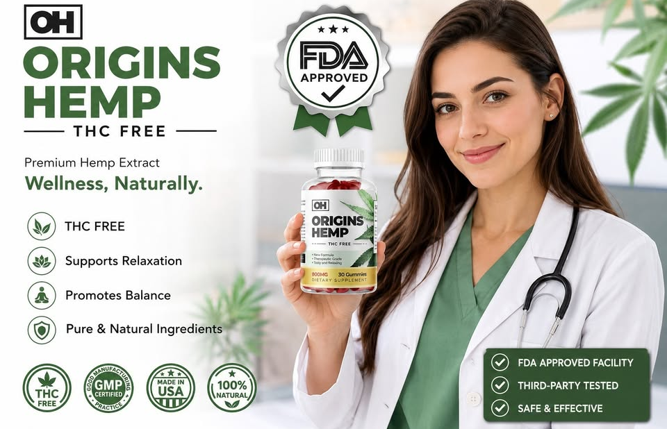 Origins Hemp Gummies promotional image showing a doctor holding the product bottle